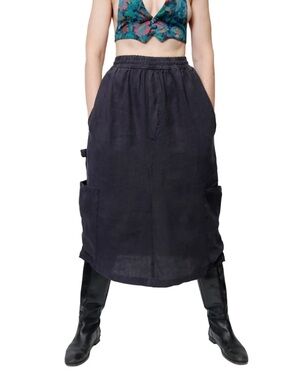 Meals Oops FDA Black Sesame Linen Work Skirt  Re-Cut Chef Midi USA-Large